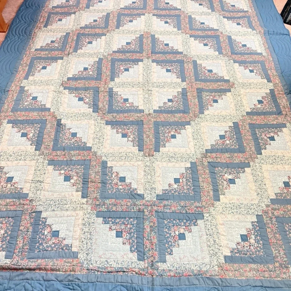 Vtg Log Cabin Quilt 102x86 Queen King Handmade Bedspread Floral Cottagecore